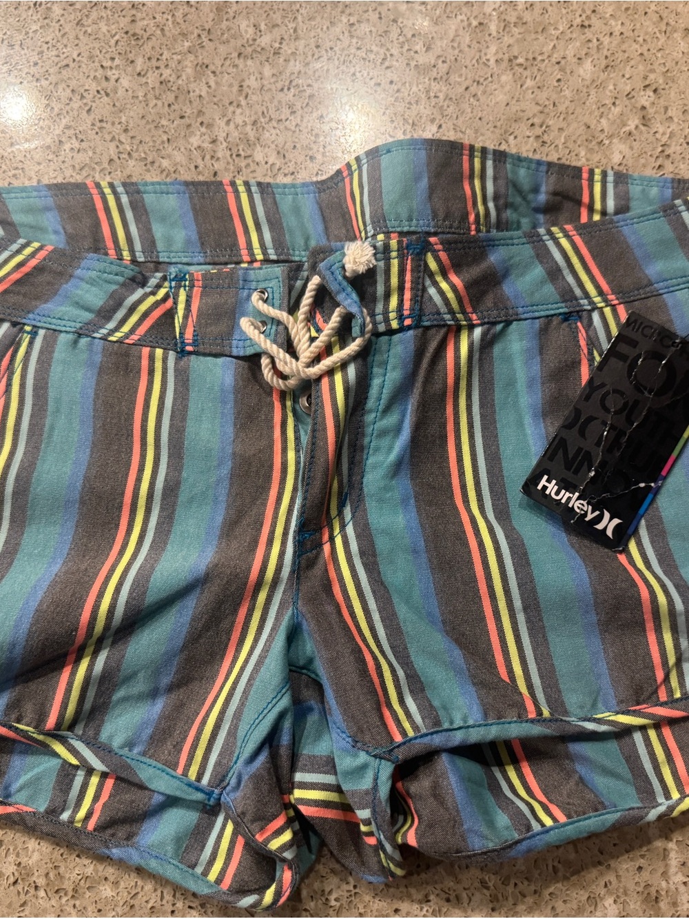 Hurley Teal, Black & Multicolor Striped Drawstring Boardshorts
